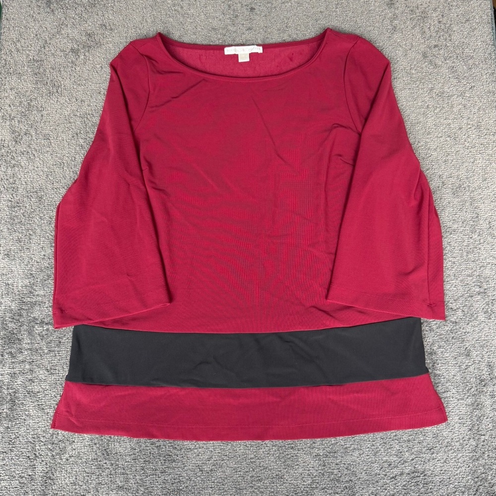 Boston Proper Burgundy Black Colorblock Boat Neck 3/4 Sleeve Knit Top XL